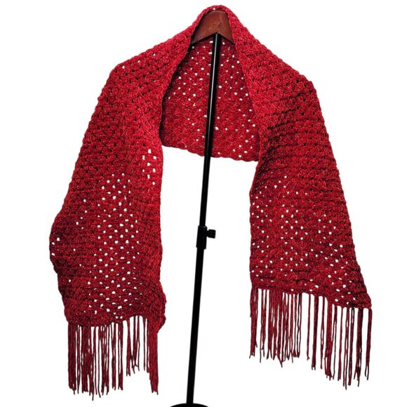 Handmade Red Velvety Smooth Sparkle Crochet Scarf Shawl with Fringe Open Weave - Picture 1 of 9